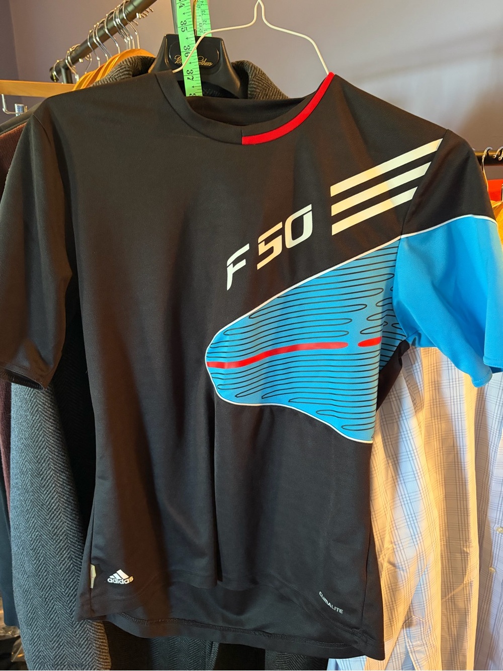 adidas Black Short Sleeve F50 Graphic Tee with Blue Sleeve and Red Accent